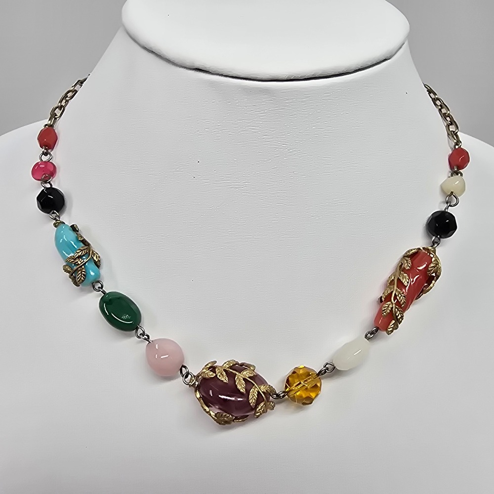 Boho Multi Color Bead Leaf Filigree Necklace Gold Tone Chain Statement Jewelry